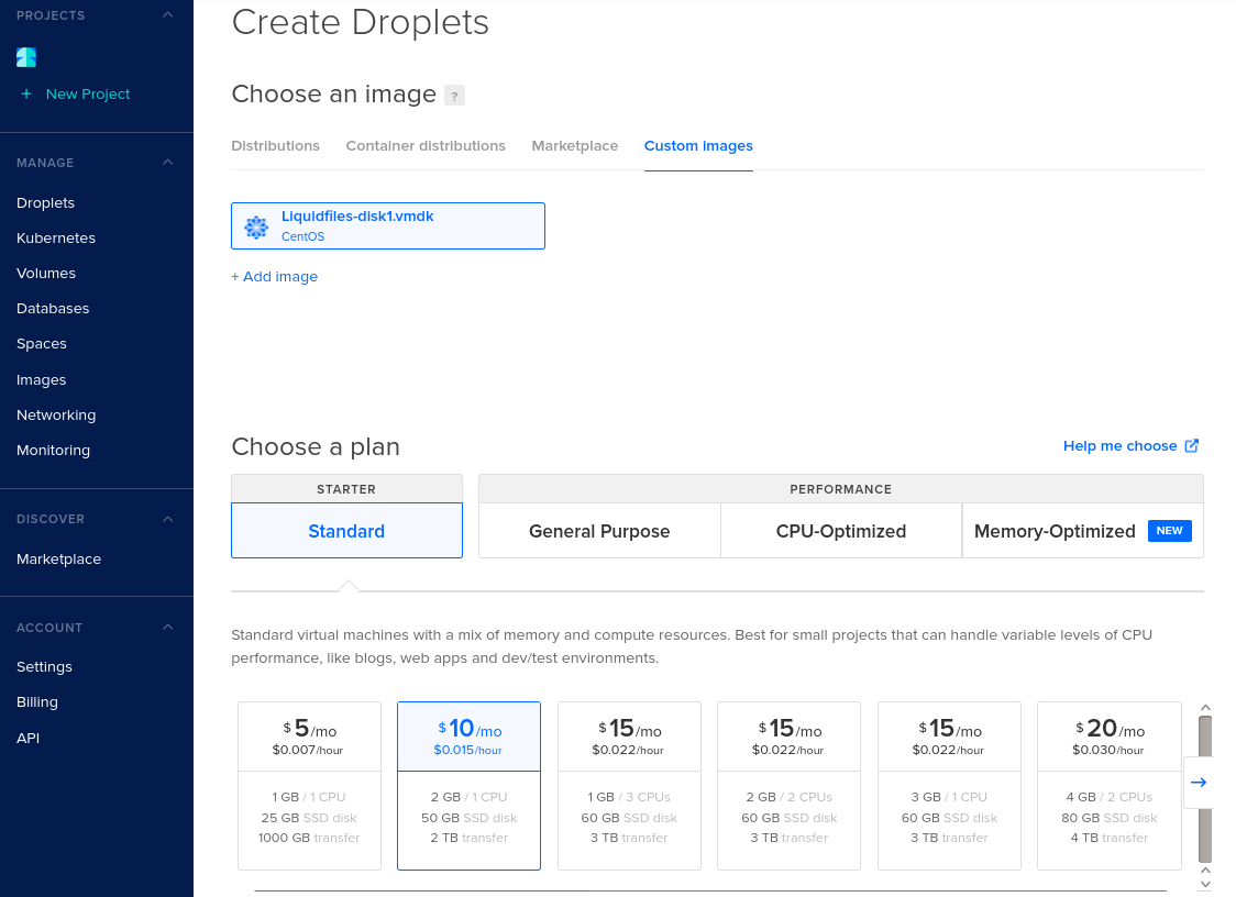 DigitalOcean choose droplet plan