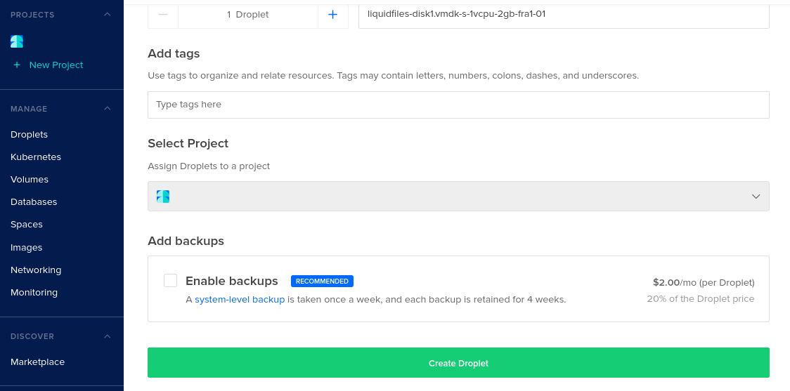 DigitalOcean create droplet button