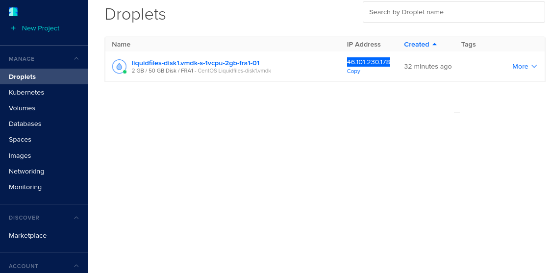 DigitalOcean droplet created with IP address