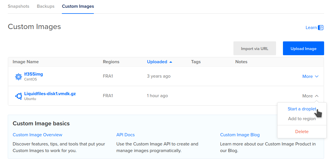 DigitalOcean start a droplet option