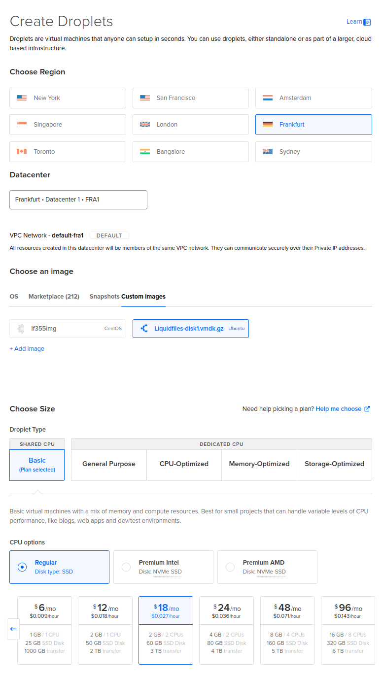 DigitalOcean choose plan and region
