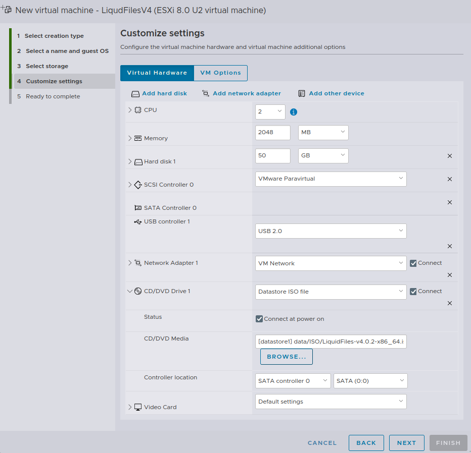 ESX customize settings and select ISO