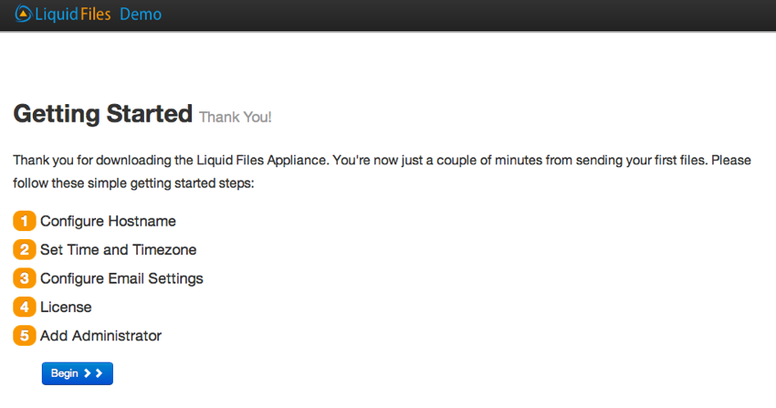 LiquidFiles initial welcome screen