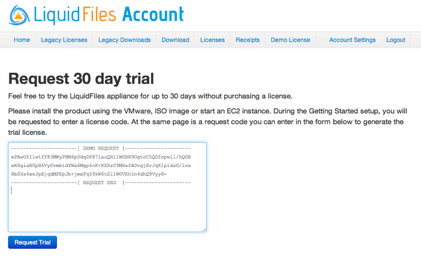 Account site request trial license