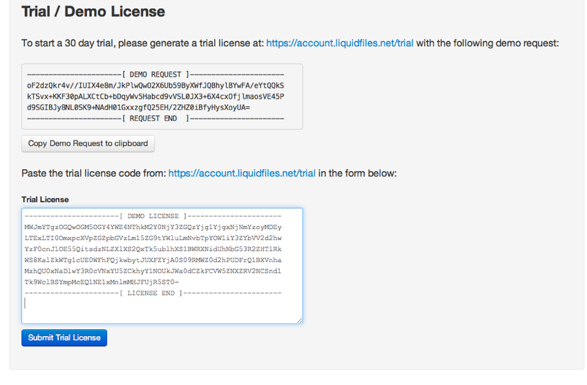 Paste and submit trial license