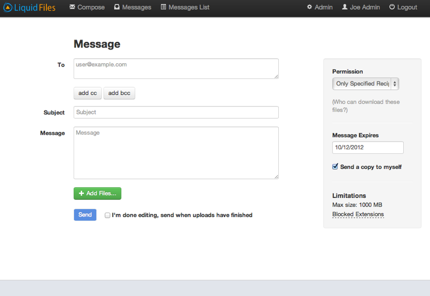 LiquidFiles home page after login