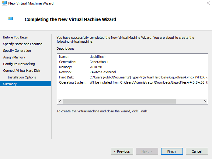 Hyper-V wizard summary