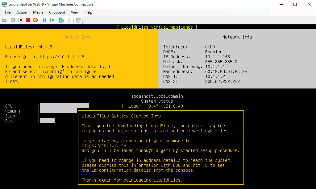 Installation complete console screen
