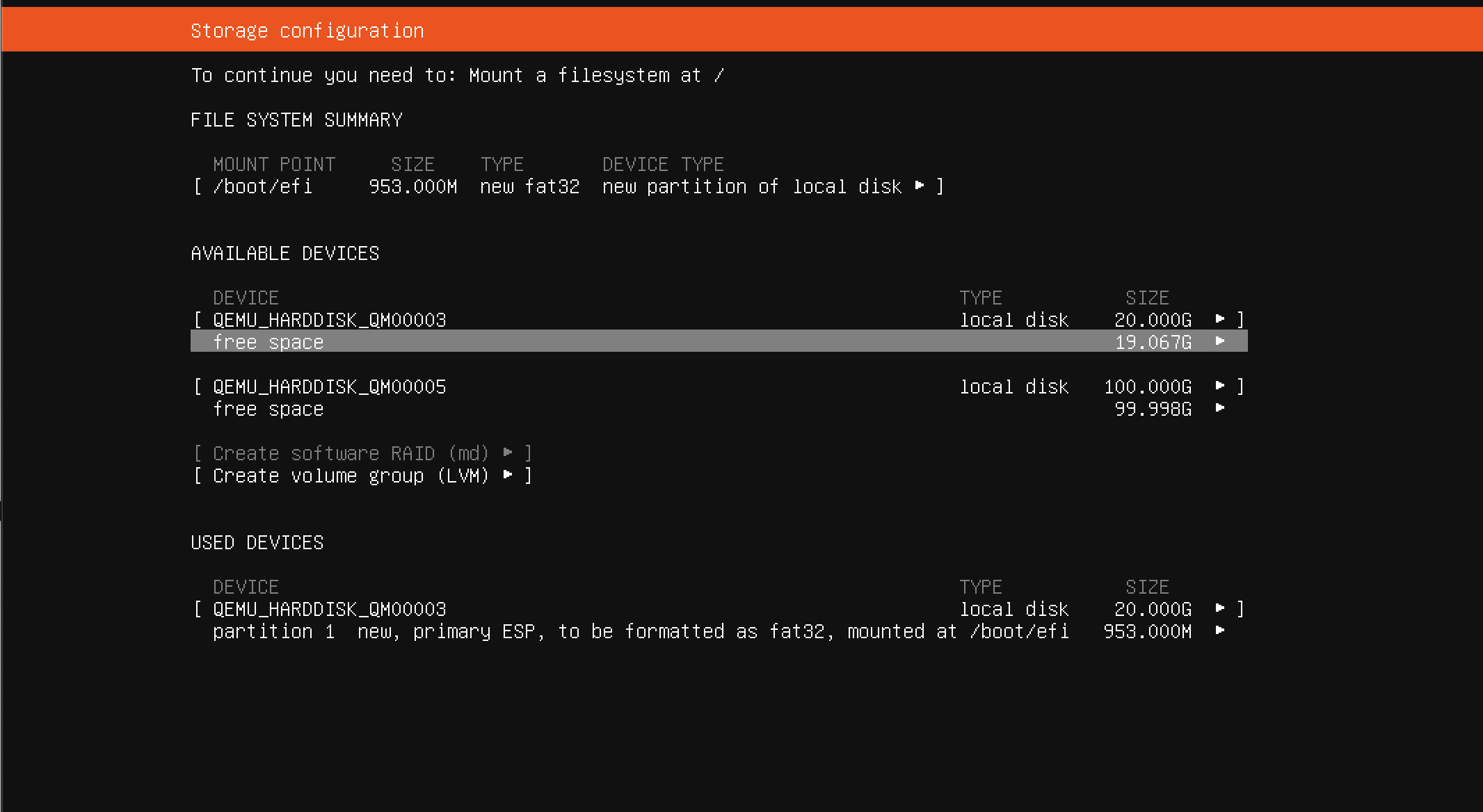 Boot partition and free space