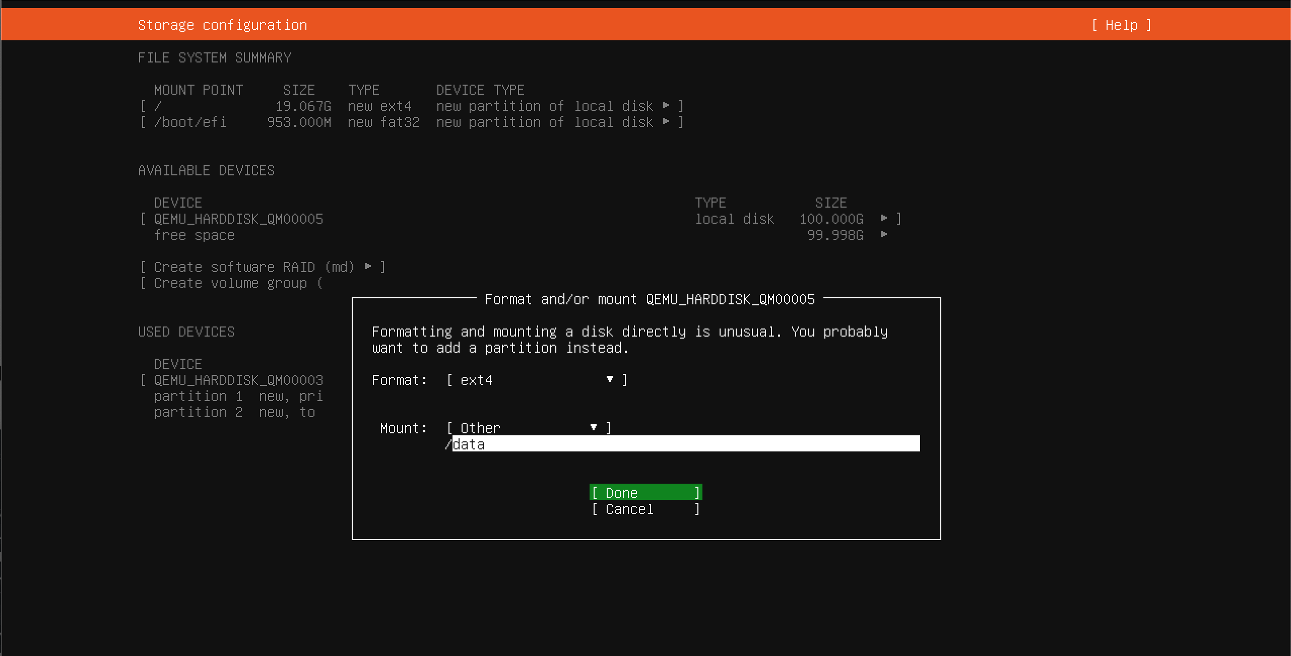 Configure data disk mount point