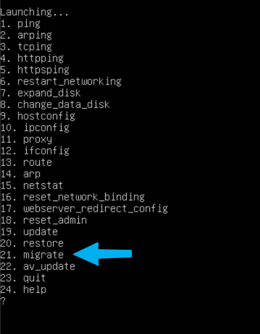 Console setup menu migrate option