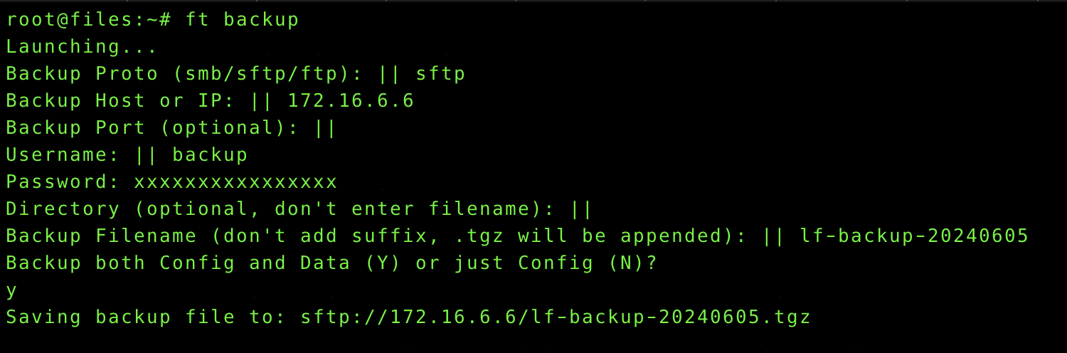 Console ft backup command output