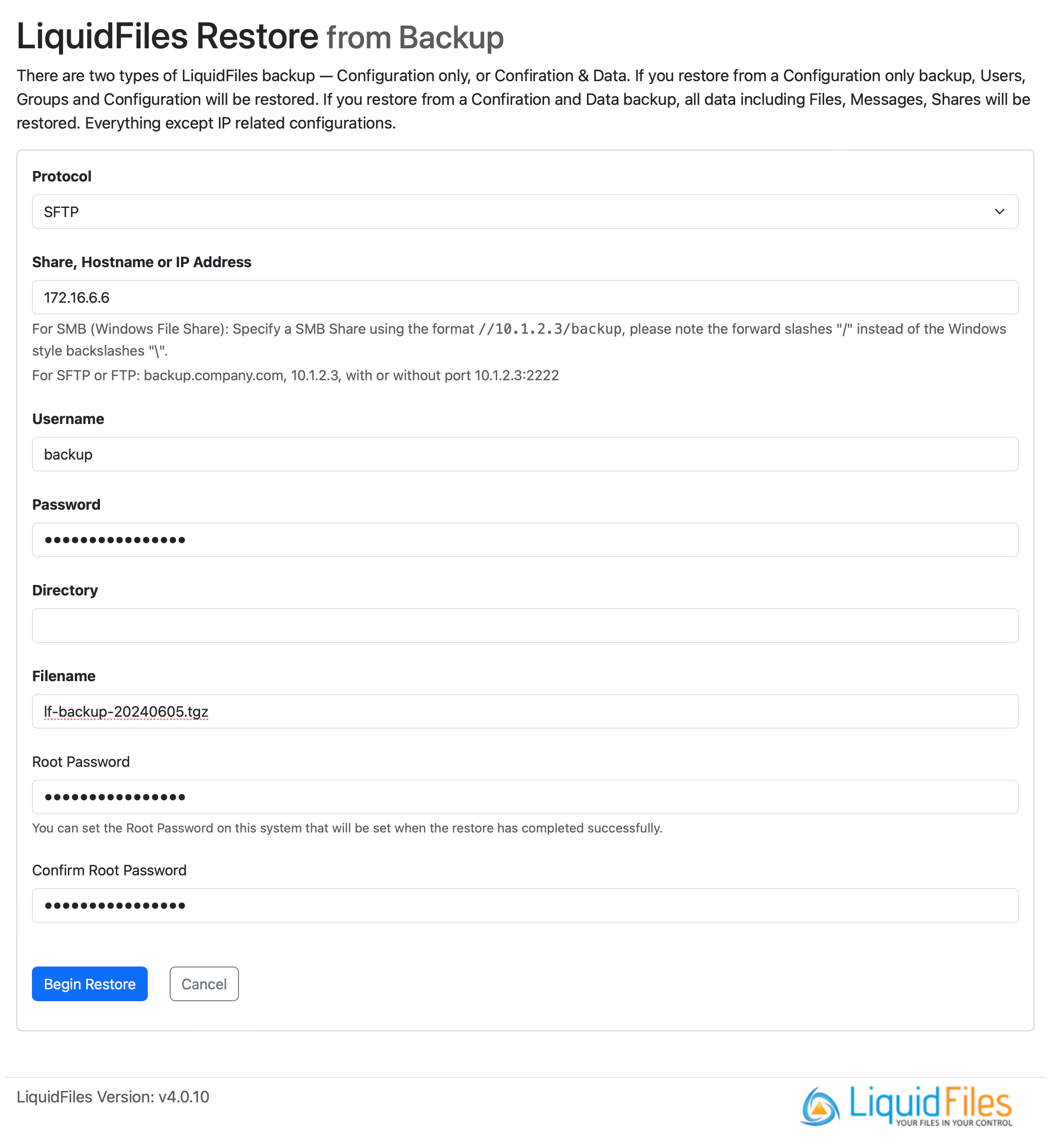 Web restore configuration page