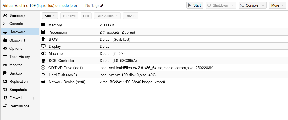 Proxmox hardware tab showing the LiquidFiles VM configuration