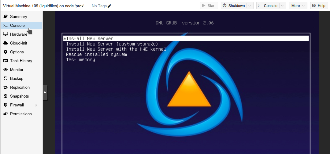 LiquidFiles ISO boot menu with Install New Server option highlighted