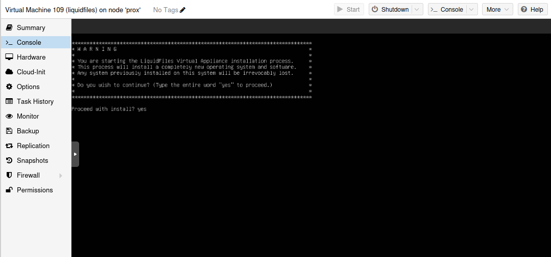 Installation warning prompt asking to confirm by typing yes