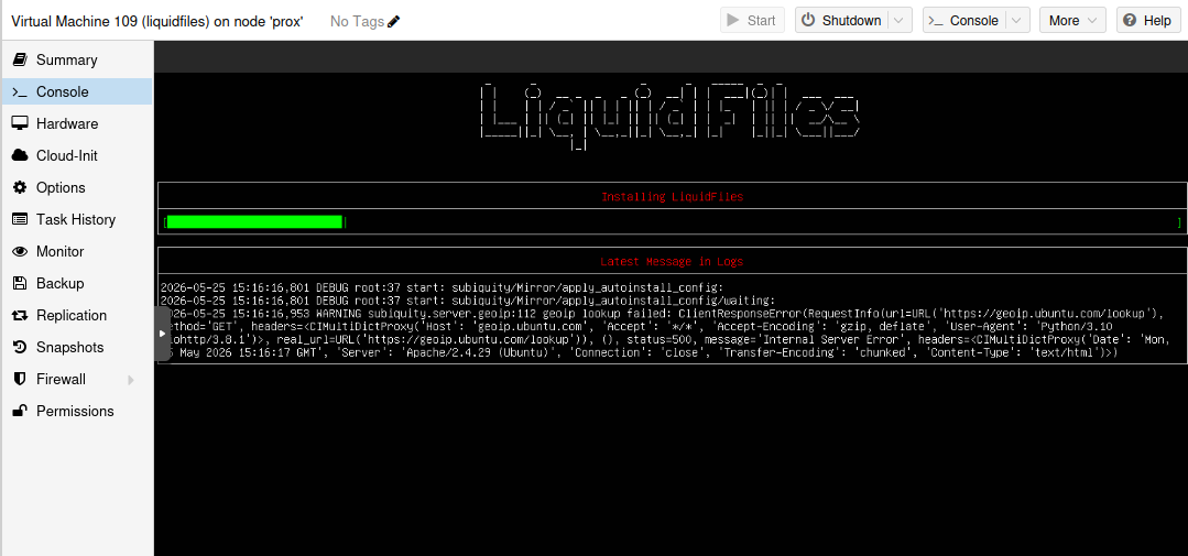 LiquidFiles installation in progress showing progress bar and log output