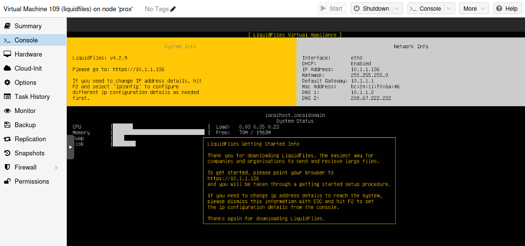 LiquidFiles console after installation showing system info and IP address