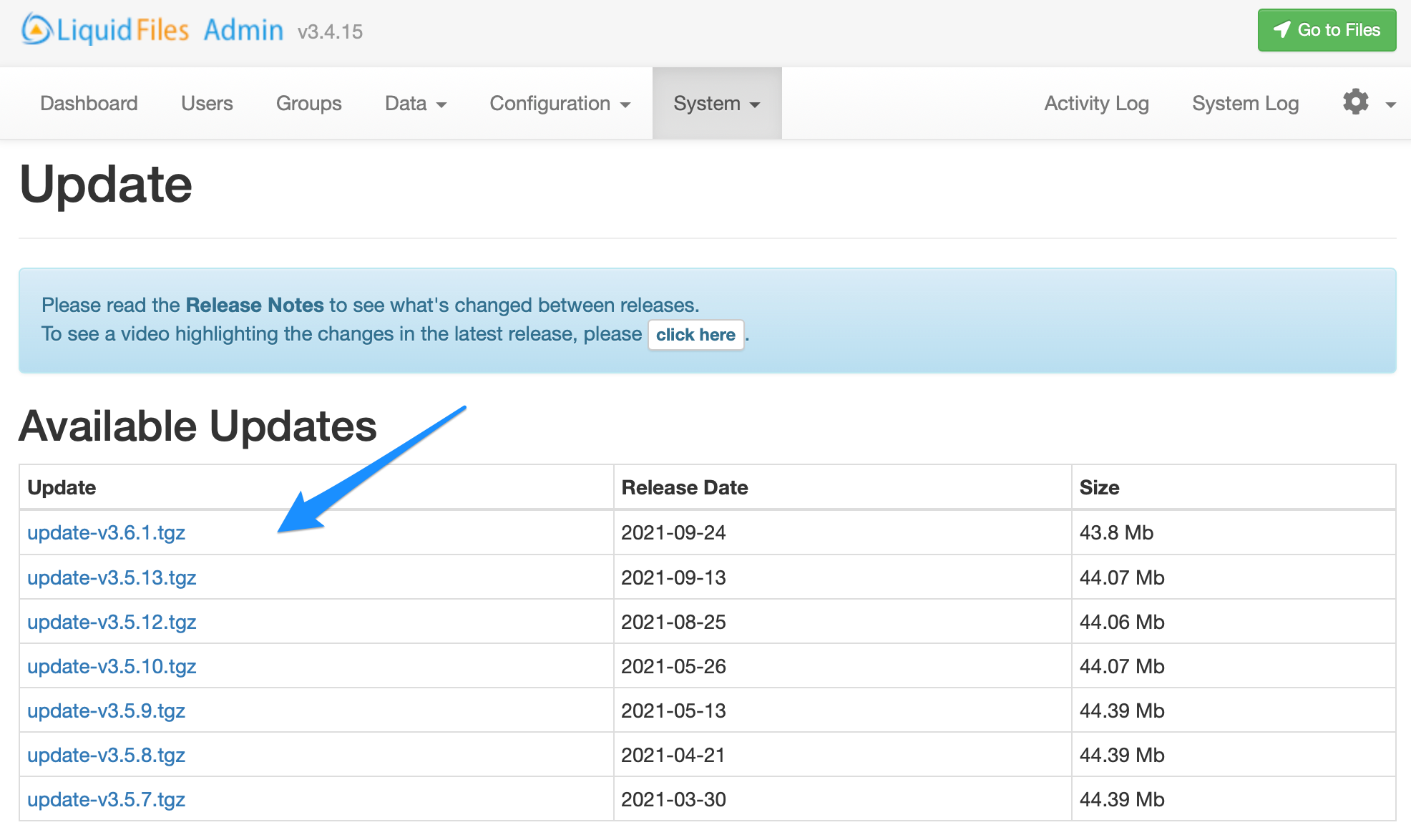 Web interface update page