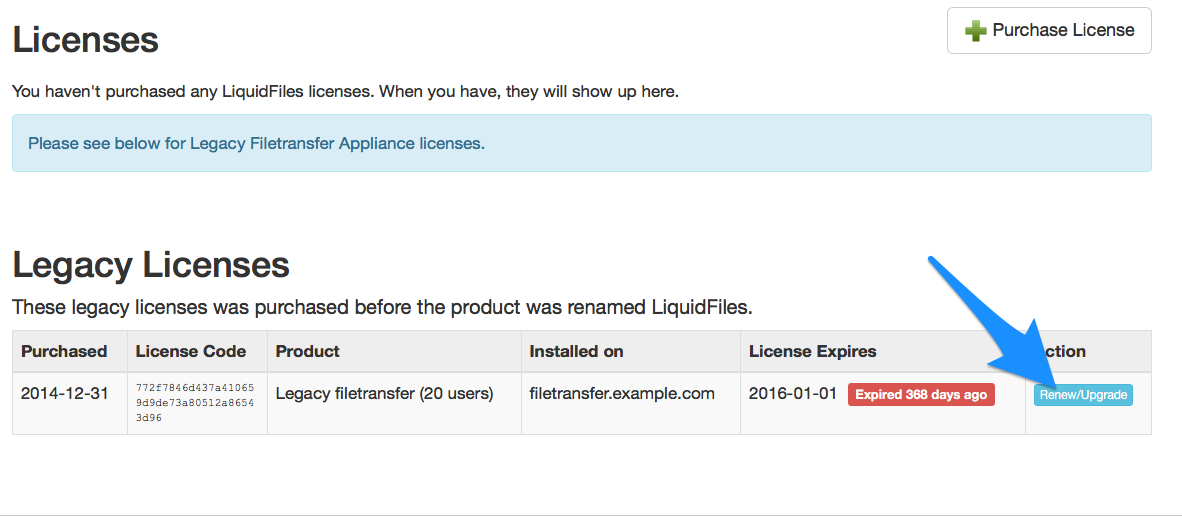 License renew and upgrade button