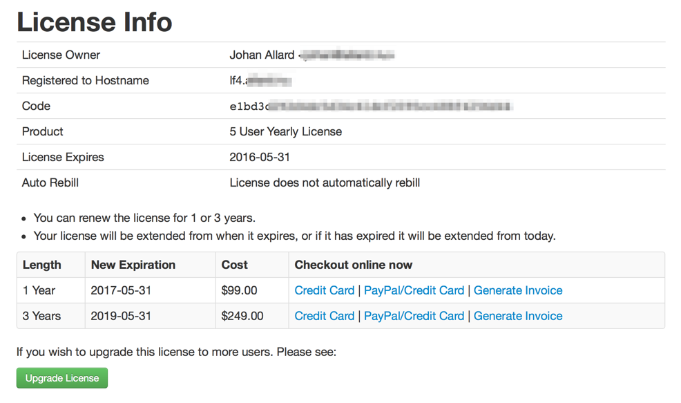 License renewal options page