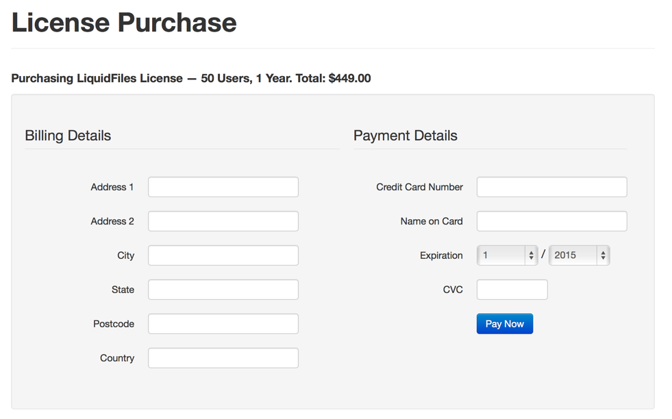 Credit card payment details form