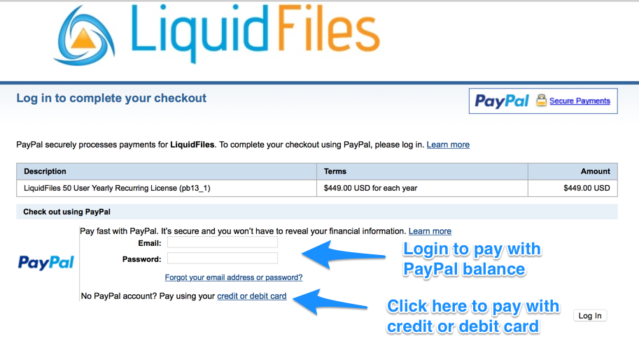 PayPal checkout login screen