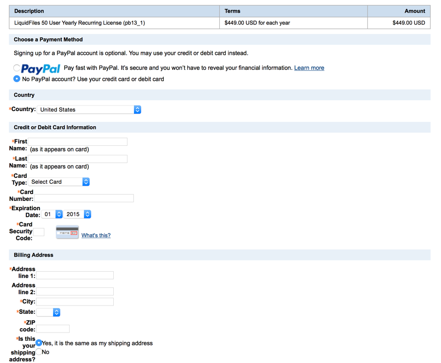 PayPal credit card payment form