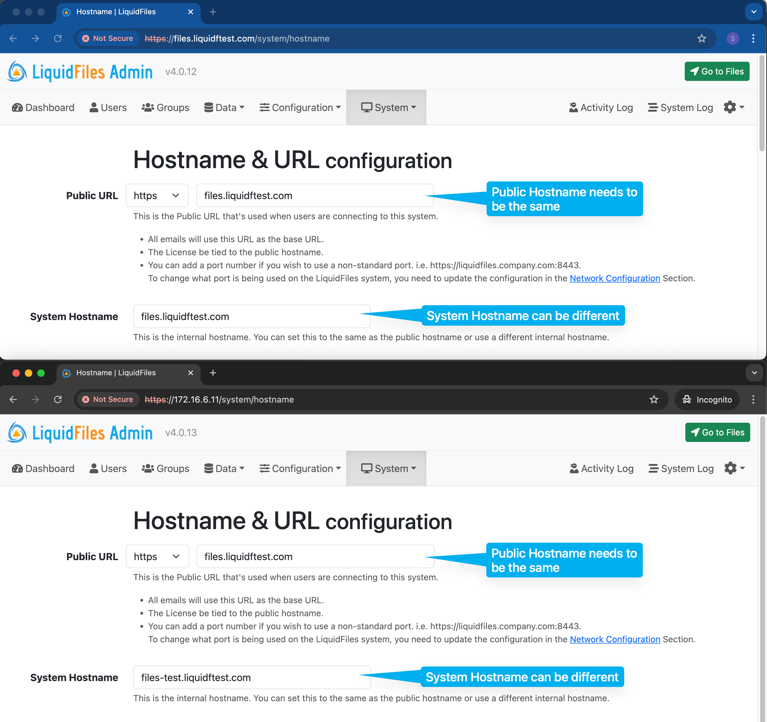 Hostname configuration on both systems