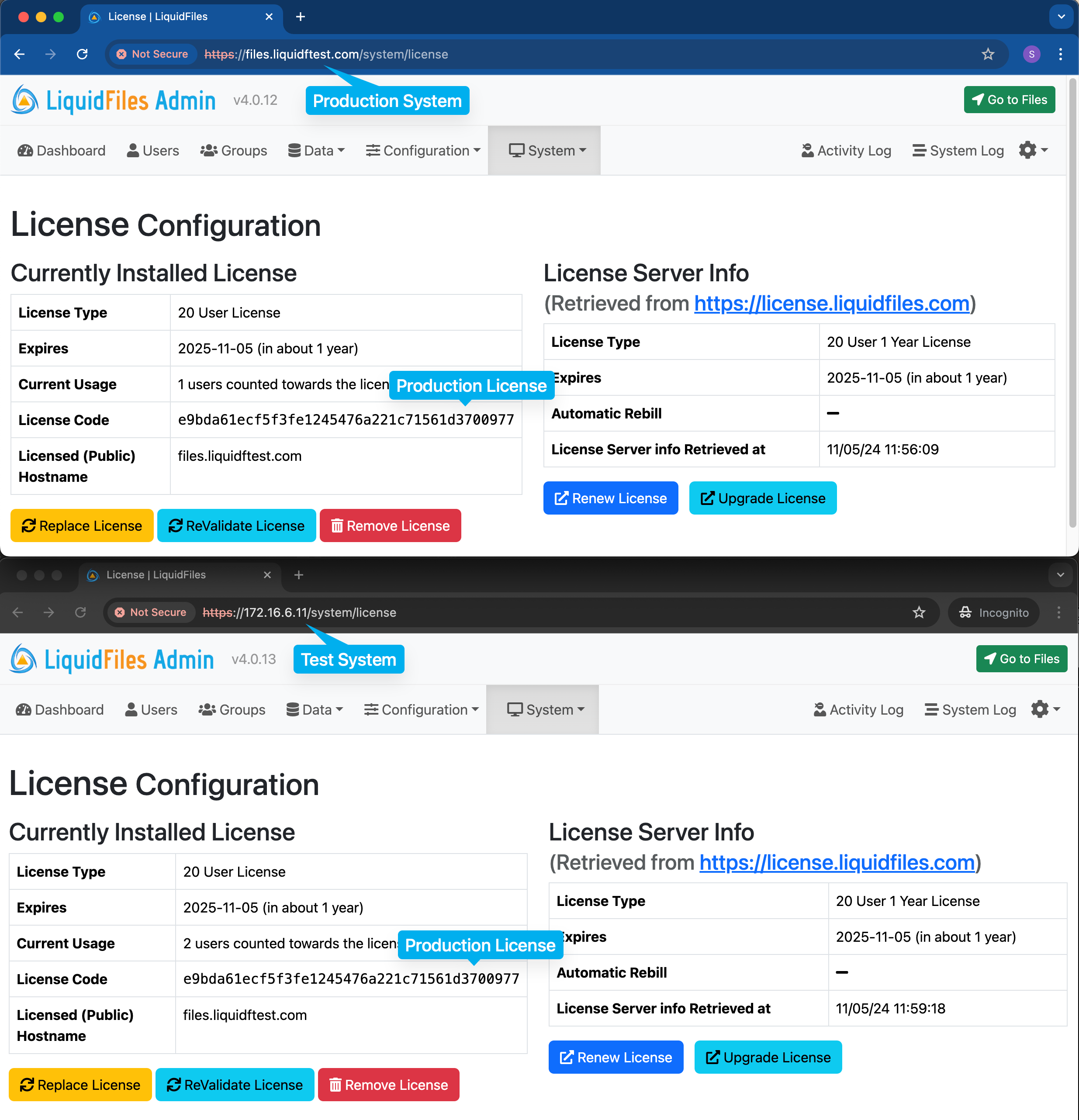 Same license installed on both systems