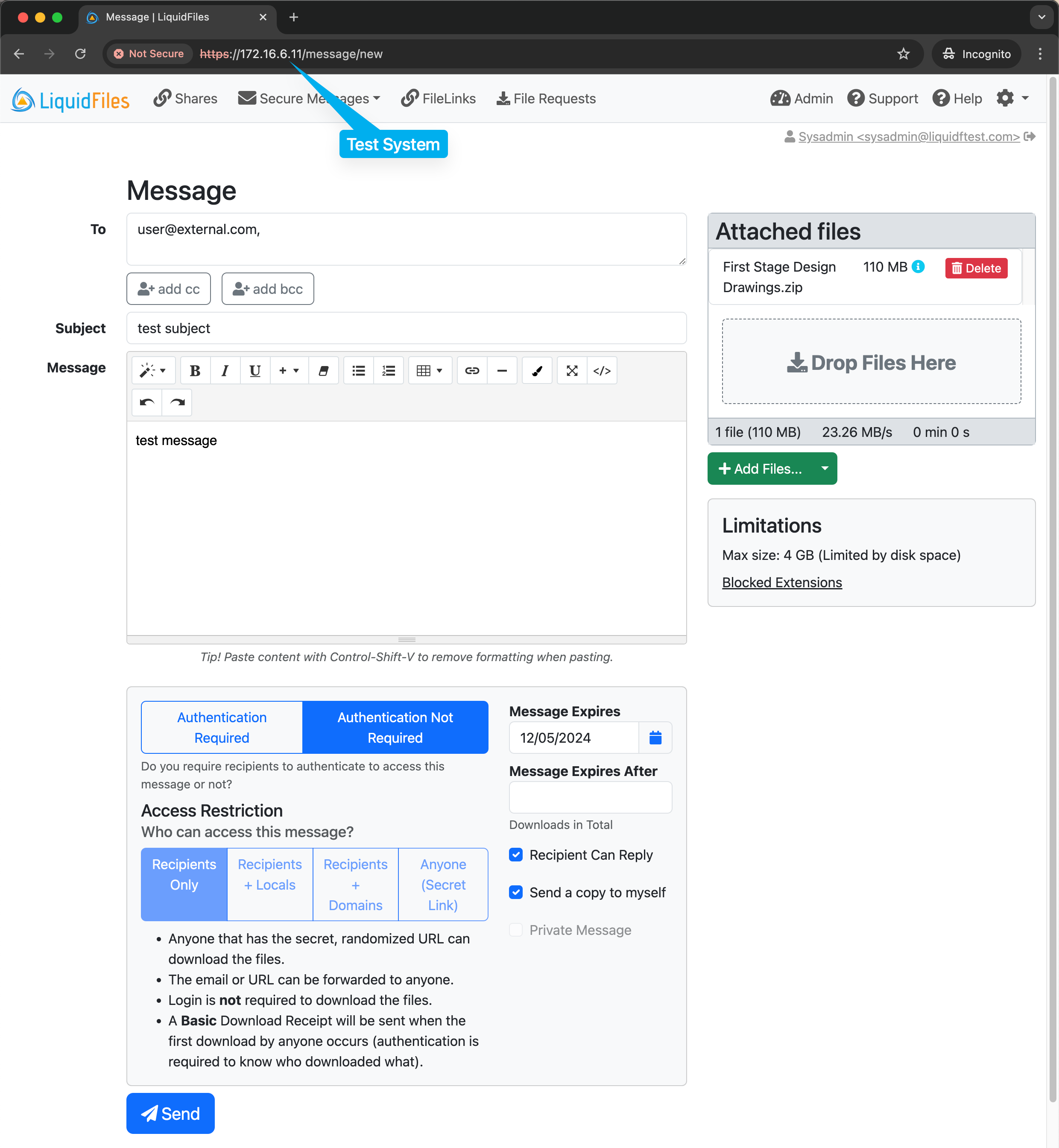 Creating a message on test system