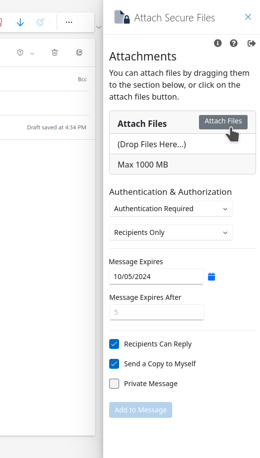 Attach secure files panel