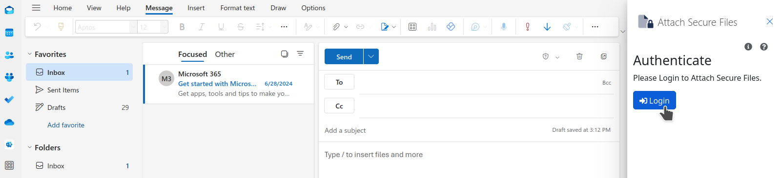 LiquidFiles login prompt in Outlook web