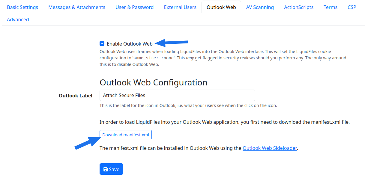 Outlook web plugin settings in LiquidFiles