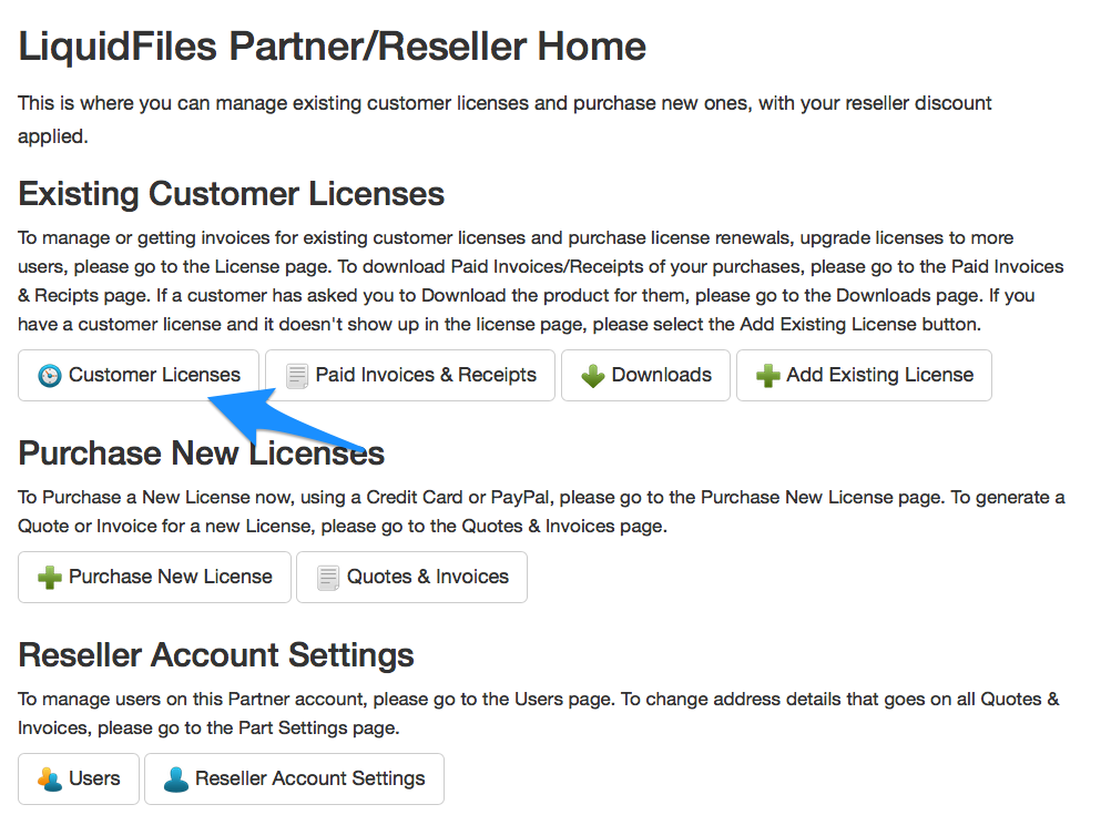 Customer licenses overview page
