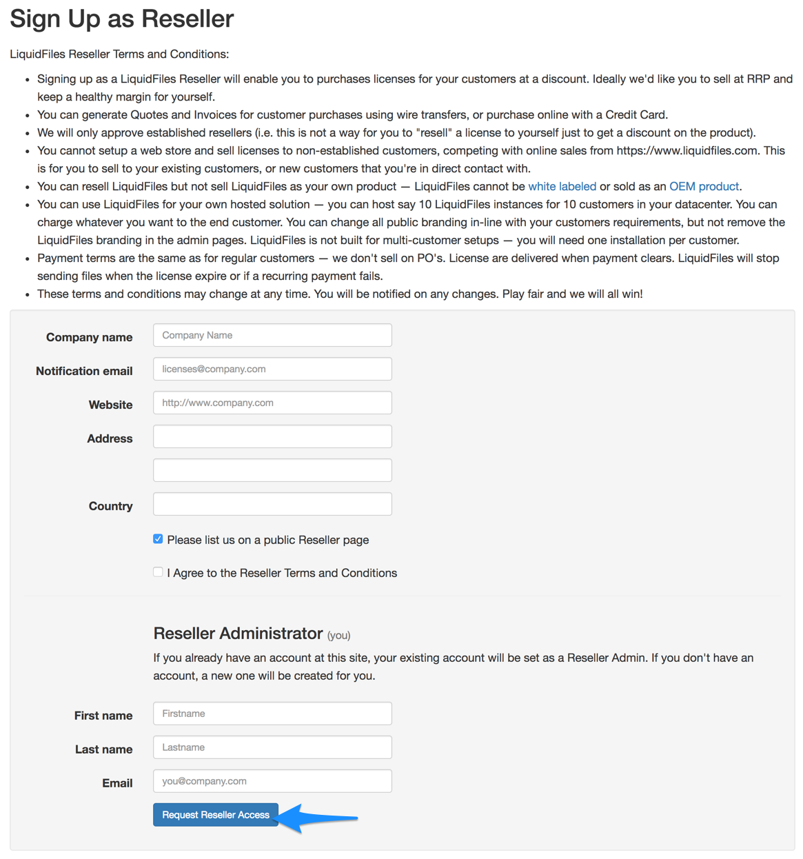 Reseller signup form