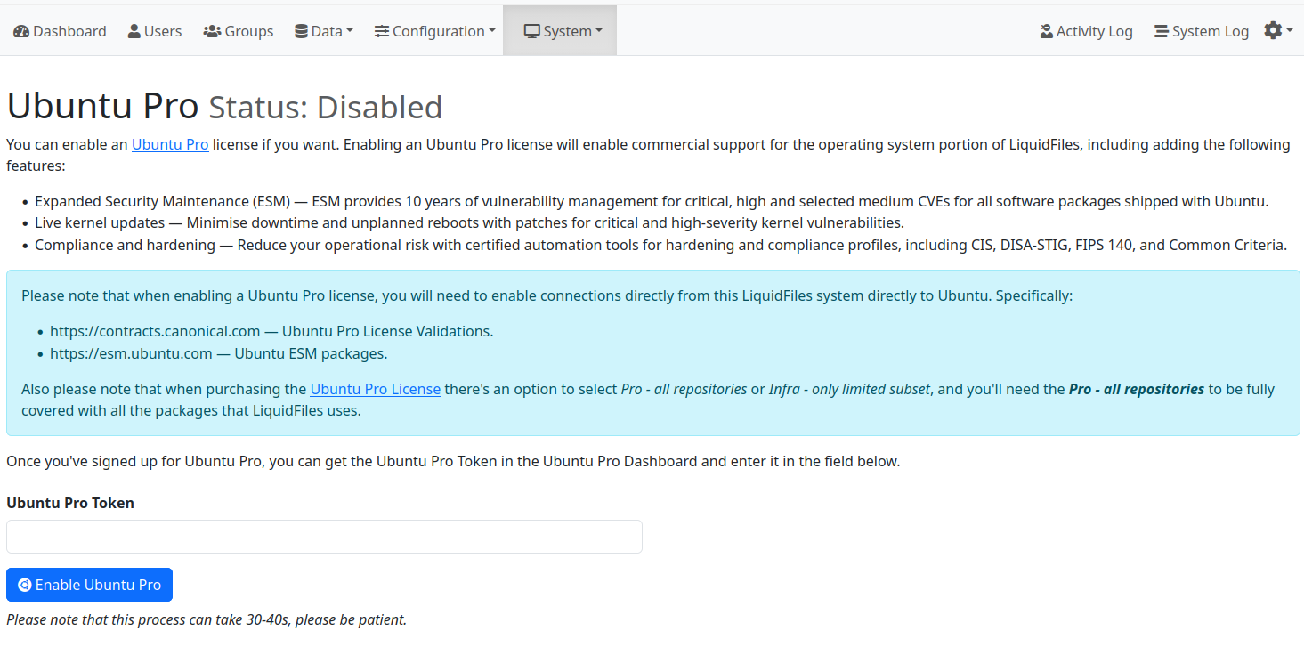 Ubuntu Pro configuration page
