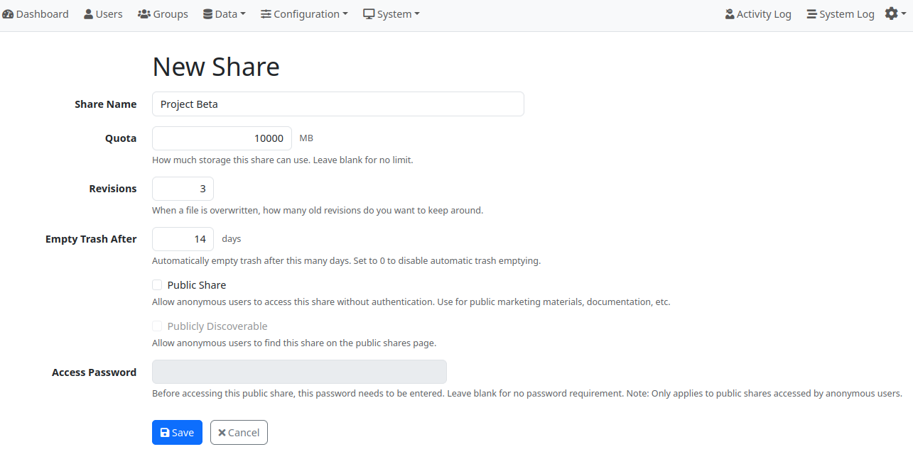 LiquidFiles Share Settings