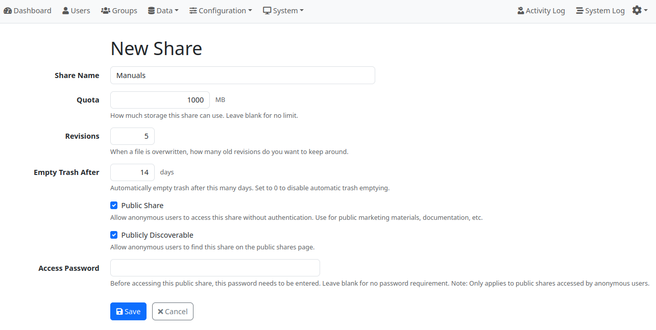 Public Share configuration