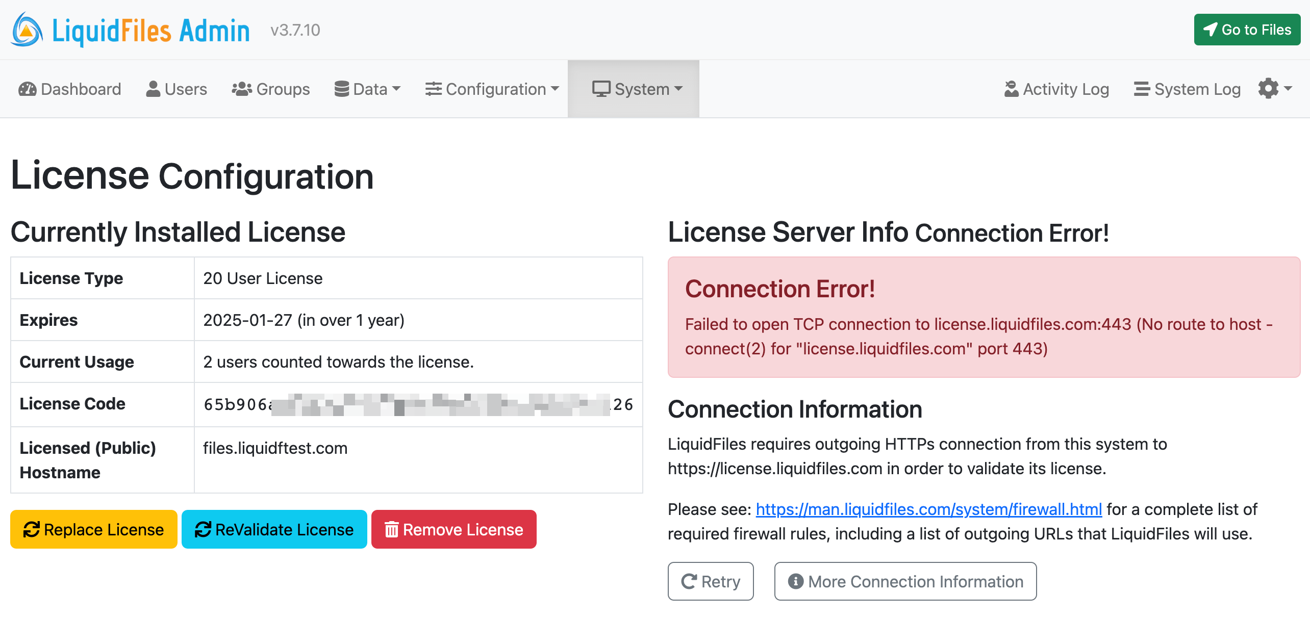 License server connection error