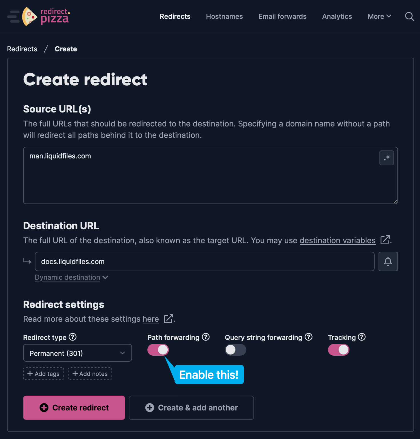 Creating redirect with path forwarding