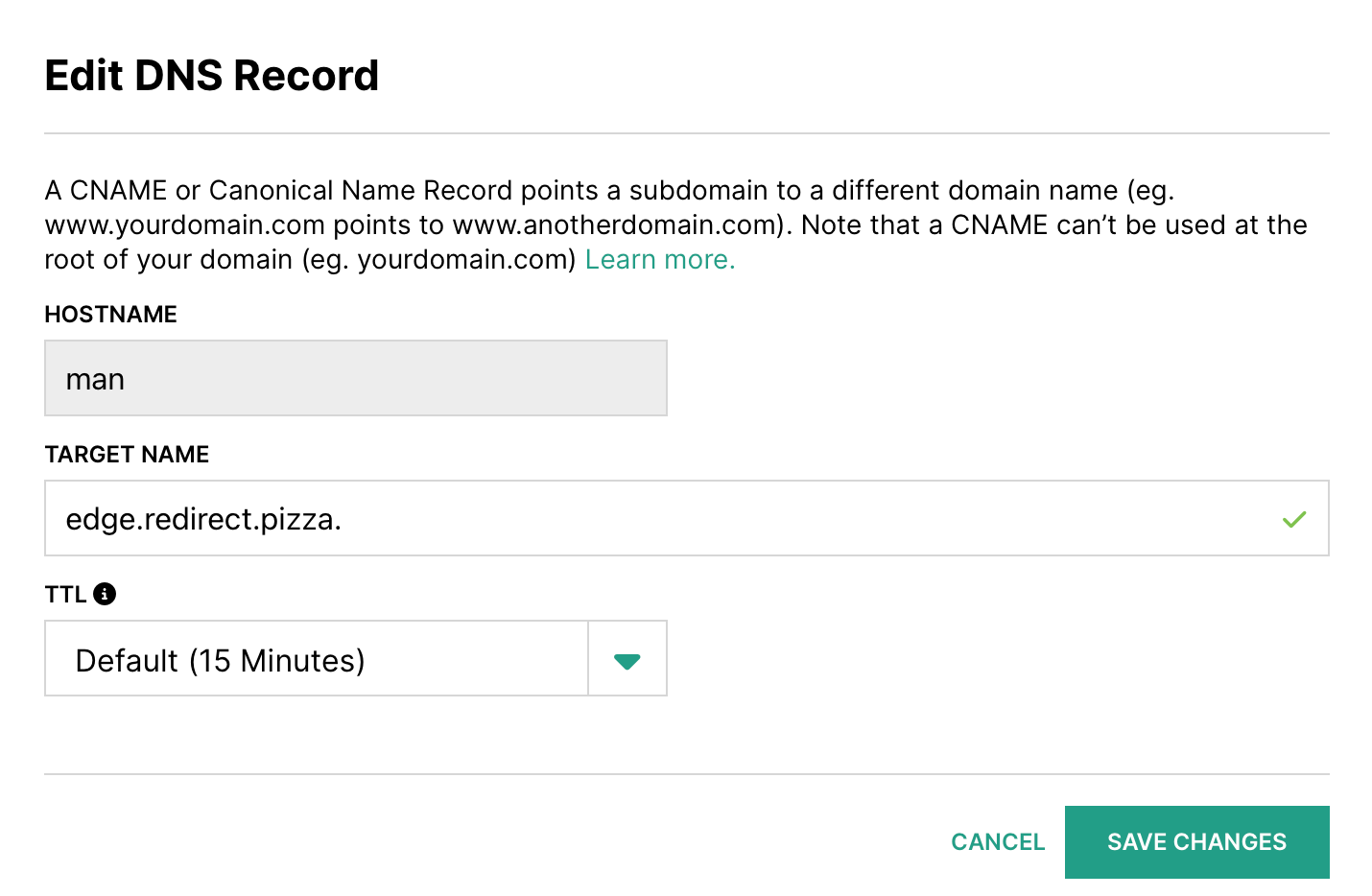DNS configuration for redirect