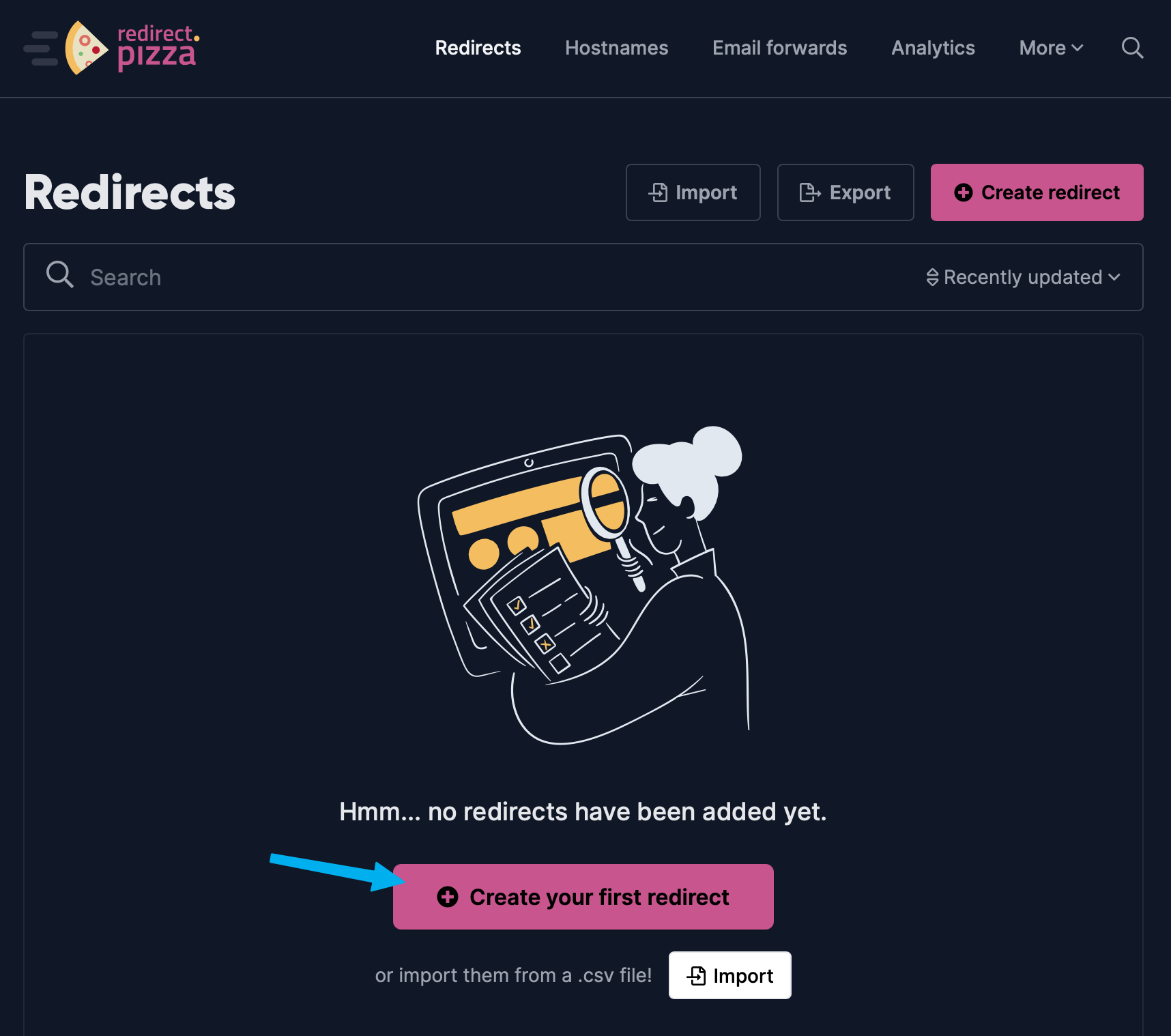 Redirect.pizza main page