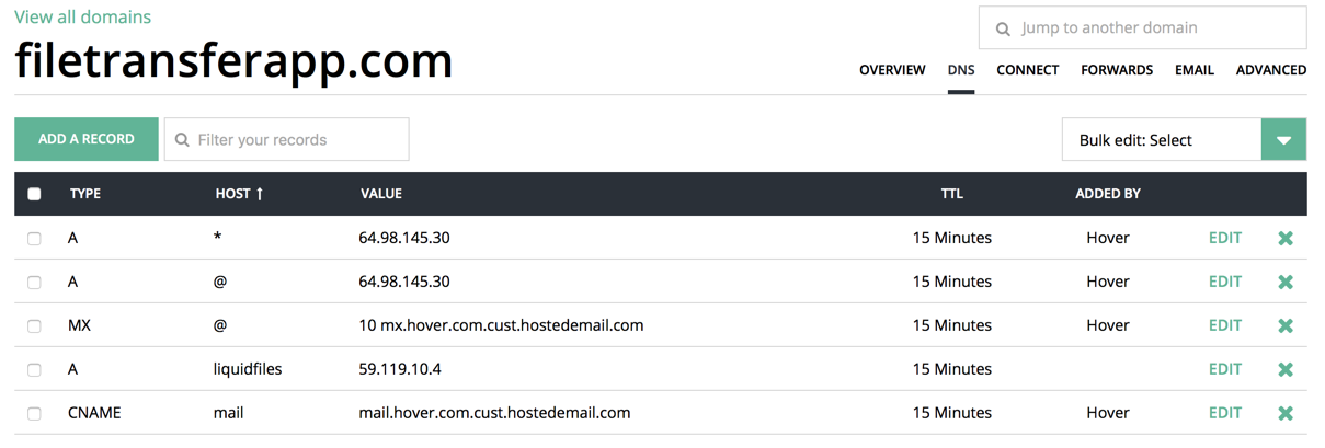 DNS A record configuration example