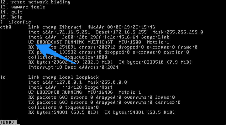 ifconfig showing network interface UP status