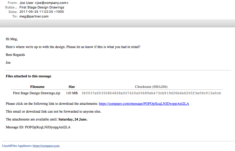 Recipient email with file download link