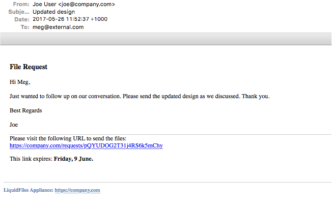 File request email received by recipient