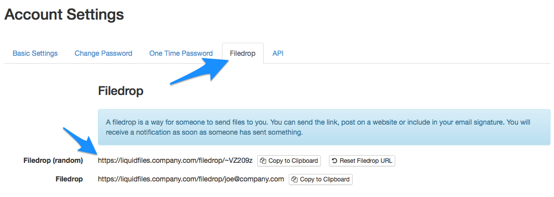Random and email filedrop URLs