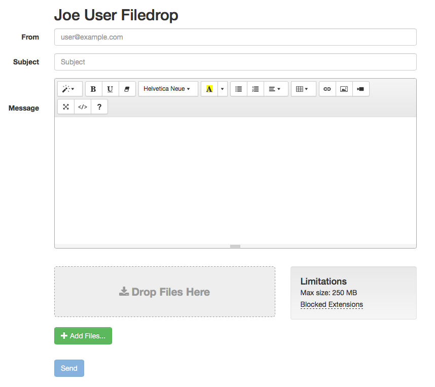 Filedrop upload page for senders