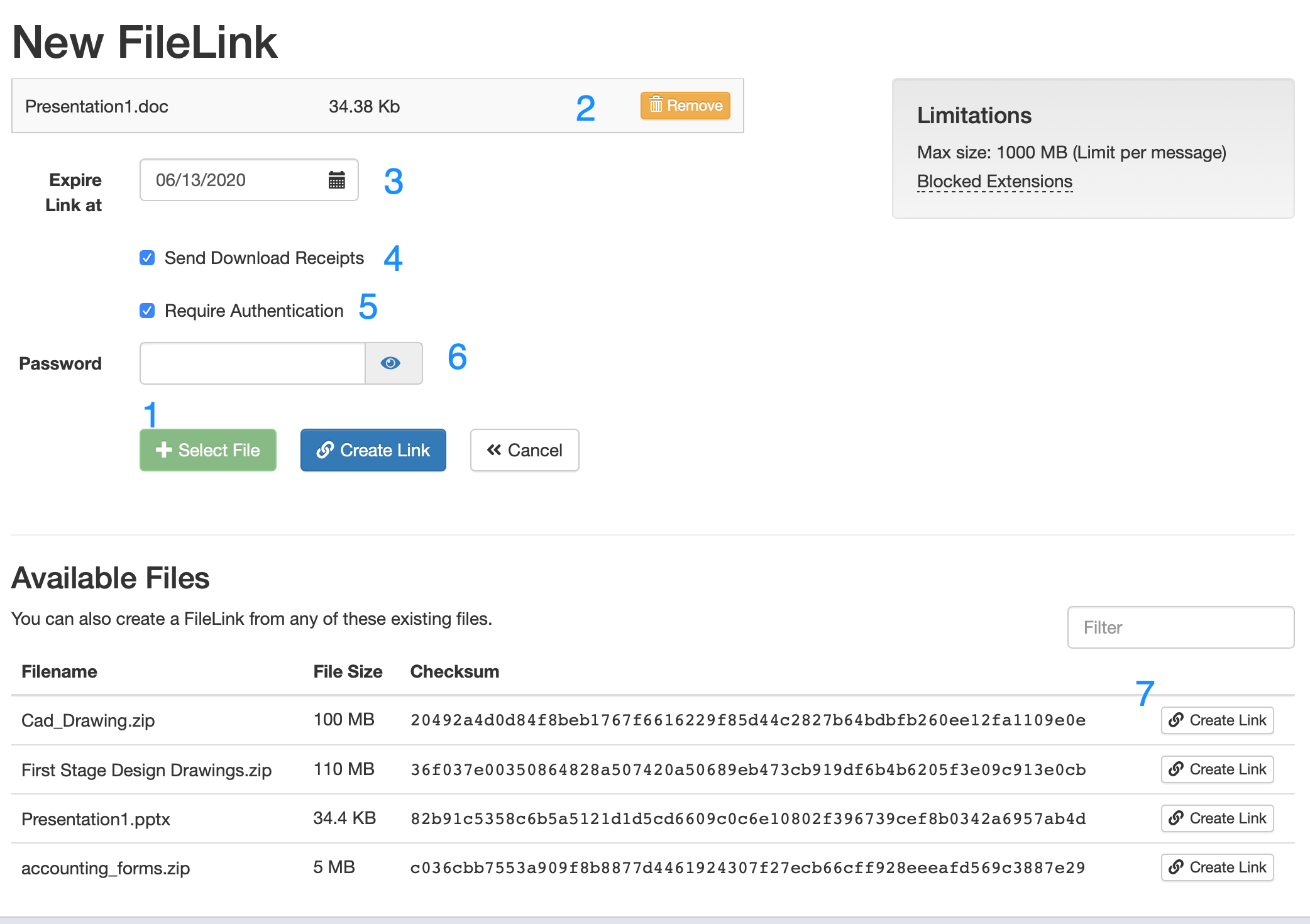 New FileLink creation interface